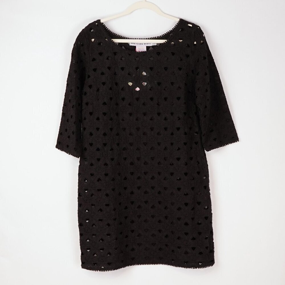 Gretchen Scott Pizelle Dress 3/4 Sleeve Eyelet Lace Black - Large